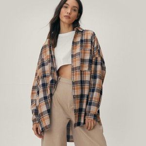 Nasty Gal Oversized Longline Check Long Sleeve Flannel Shirt 4 Mustard/Navy